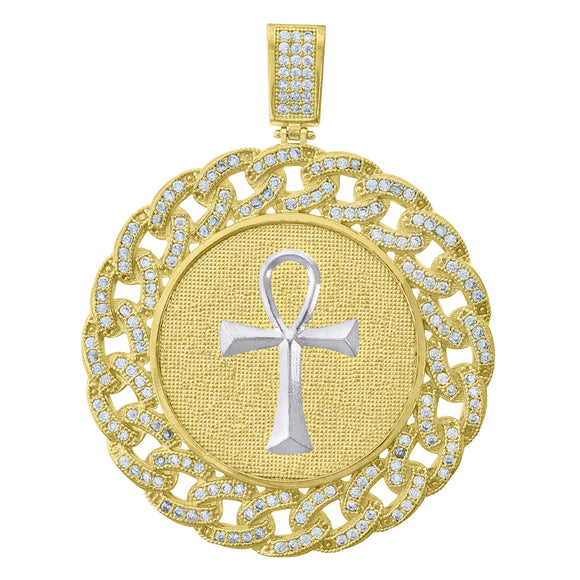 10kt Two-Tone Gold Mens Cubic-Zirconia Religious Ankh Cross Cuban Link Charm Pendant