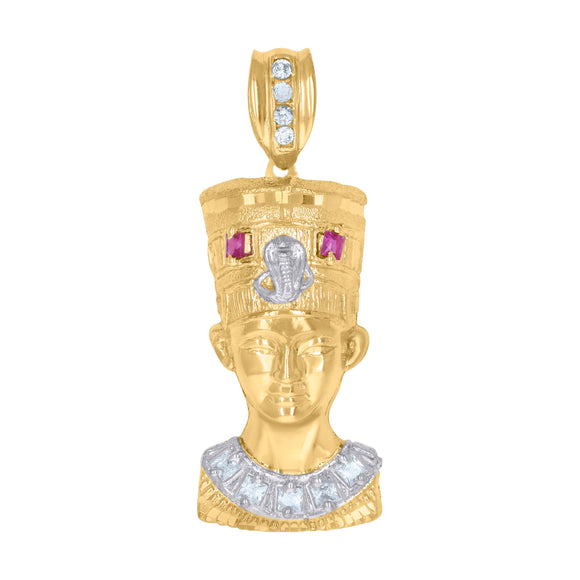 10KT Two-Tone Gold Mens White Pink Cubic Zirconia Nefertiti Egyptian Charm Pendant
