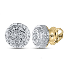 Yellow-tone Sterling Silver Mens Round Diamond 3D Circle Disk Earrings 1/20 Cttw