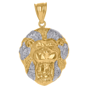 10kt Gold Two-tone Diamond-cut Mens Lion Head Ht:40mm x W:24.6mm Animal Charm Pendant