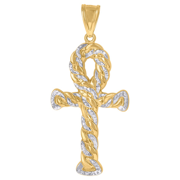 10kt Gold Two-tone Diamond-cut Mens Ankh Cross Ht:72.2mm x W:31.9mm Religious Charm Pendant