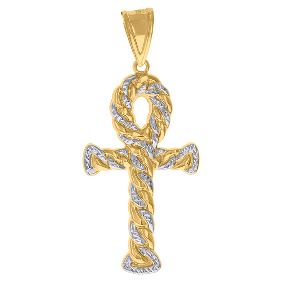 10kt Gold Two-tone Diamond-cut Mens Ankh Cross Ht:63.3mm x W:27mm Religious Charm Pendant