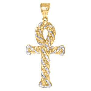 10kt Gold Two-tone Diamond-cut Mens Ankh Cross Ht:86.5mm x W:40.6mm Religious Charm Pendant