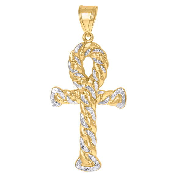 10kt Gold Two-tone Diamond-cut Mens Ankh Cross Ht:86.5mm x W:40.6mm Religious Charm Pendant