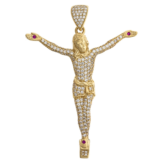 10kt Yellow Gold Mens White Pink Cubic Zirconia Crucifix Religious Charm Pendant