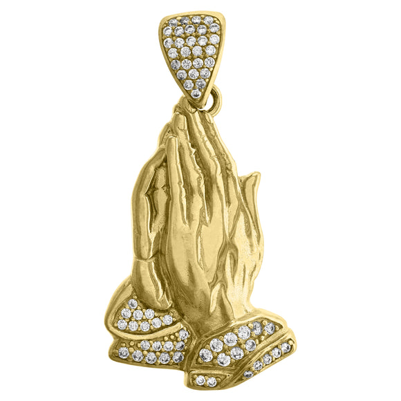10KT Yellow Gold Mens Cubic Zirconia Praying Hands Religious Charm Pendant