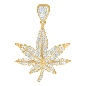 10kt Yellow Gold Mens Cubic Zirconia Marijuana Leaf Fashion Charm Pendant