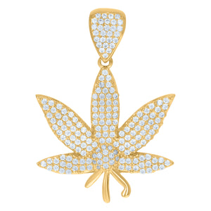 10kt Yellow Gold Mens Cubic Zirconia Marijuana Leaf Fashion Charm Pendant