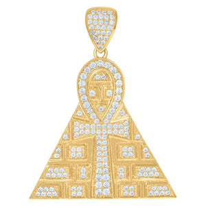 10KT Yellow Gold Mens Cubic Zirconia Ankh Pyramid Egyptian Religious Charm Pendant