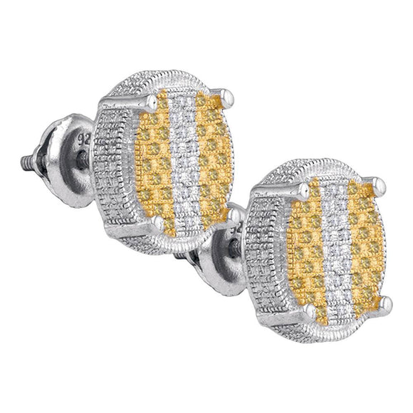 Sterling Silver Mens Round Yellow Color Enhanced Diamond Circle Earrings 1/5 Cttw