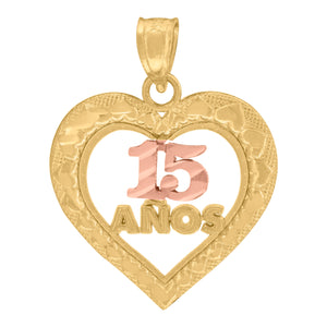 10kt Two-tone Gold Womens Diamond-cut Textured 15 Anos Heart Charm Pendant