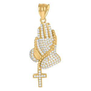 10kt Yellow Gold Unisex Cubic-Zirconia Religious Praying Hands Charm Pendant