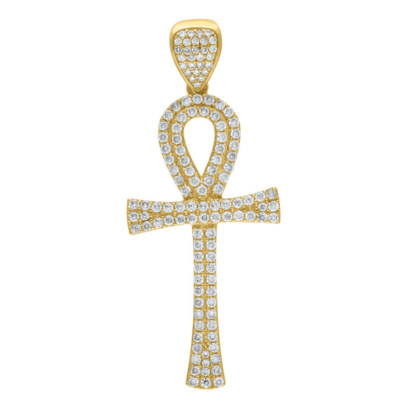 10kt Yellow Gold Cubic-zirconia Mens Ankh Cross Ht:53.2mm x W:21.8mm Religious Charm Pendant