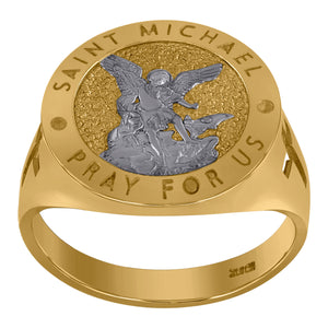 10KT Two-Tone Gold Mens Saints St. Michael Pray For Us Religious Ring