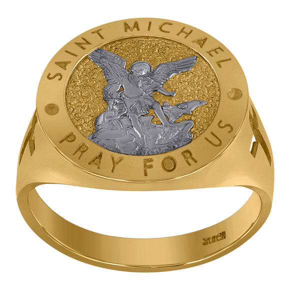 10KT Two-Tone Gold Mens Saints St. Michael Pray For Us Religious Ring