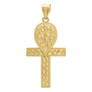 10KT Yellow Gold Mens Ankh Cross Nugget Religious Charm Pendant