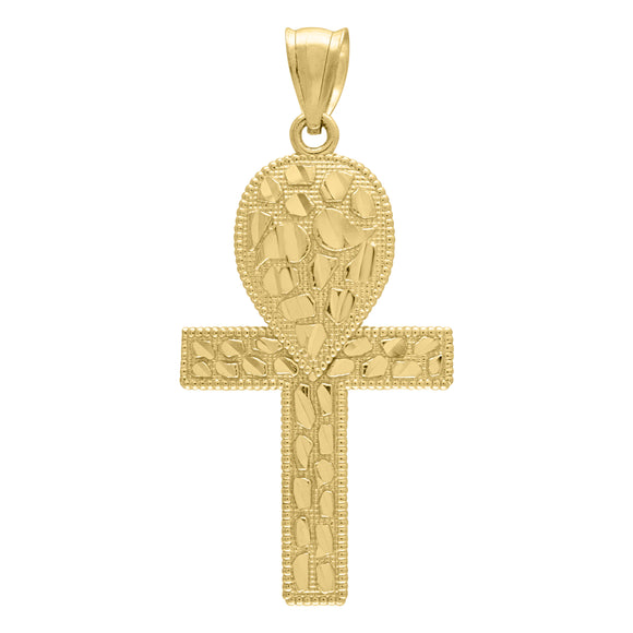 10KT Yellow Gold Mens Ankh Cross Nugget Religious Charm Pendant