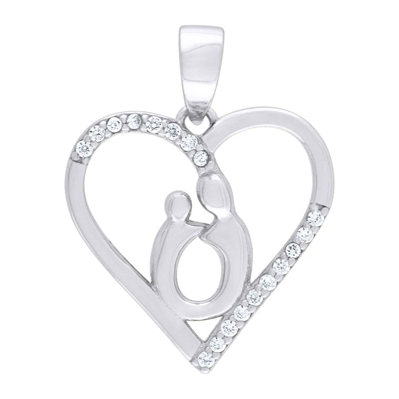 925 Sterling Silver Womens CZ Mother Child Heart Charm Pendant