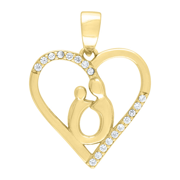 925 Sterling Silver Yellow-Tone Womens CZ Mother Child Heart Charm Pendant