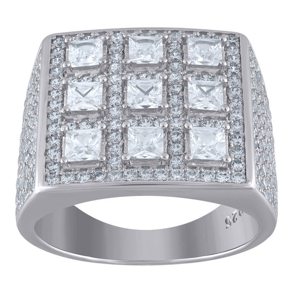 925 Sterling Silver Mens Cubic Zirconia Square Top Cluster Ring Size 9