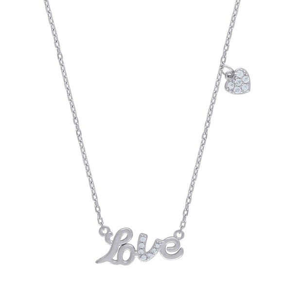 925 Sterling Silver Women Cubic Zirconia Rolo Link Love With Heart Charm Necklace