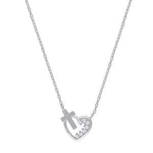 925 Sterling Silver Women Cubic Zirconia Rolo Link Heart & Cross Necklace