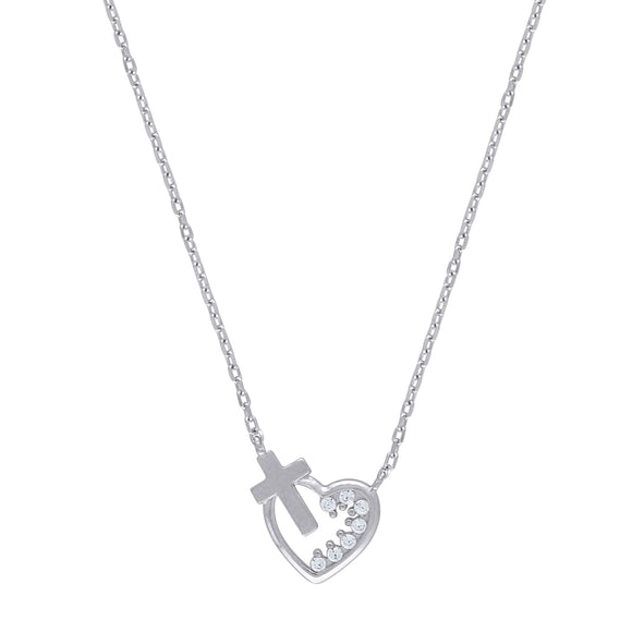 925 Sterling Silver Women Cubic Zirconia Rolo Link Heart & Cross Necklace