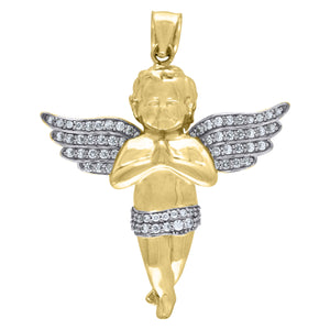 10KT Two-Tone Gold Mens Cubic Zirconia Praying Angel Religious Charm Pendant