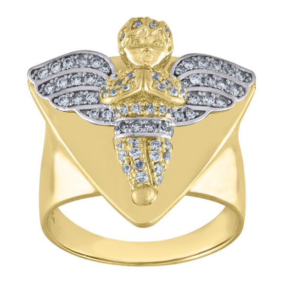 10kt Two-tone Gold Mens Cubic Zirconia Praying Angel Religious Triangle Ring