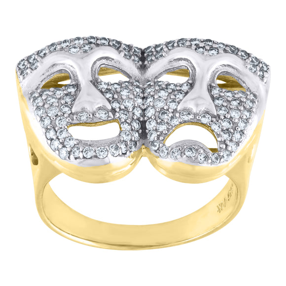 10kt Two-tone Gold Mens Cubic Zirconia Comedy Tragedy Masks Band Ring