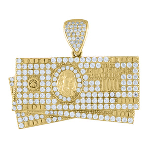 10kt Yellow Gold Mens Cubic Zirconia 100 Dollar Bill Charm Pendant