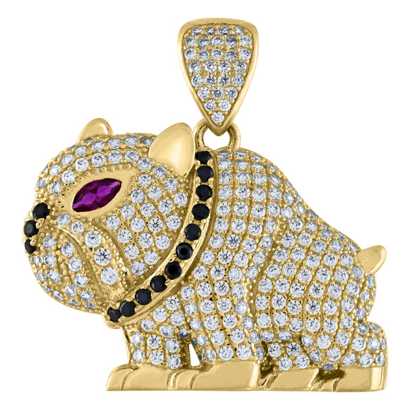 10kt Yellow Gold Mens Pink Black White Cubic Zirconia Bulldog Animal Charm Pendant