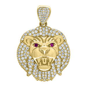10KT Yellow Gold Mens White Pink Cubic Zirconia Lion Head Charm Pendant