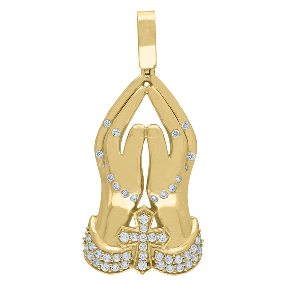 10KT Yellow Gold Mens Cubic Zirconia Praying Hands Praying Hands With Cross Religious Charm Pendant