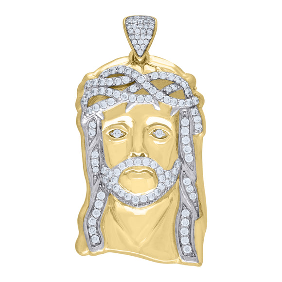 10kt Two-Tone Gold Mens Cubic Zirconia Jesus Religious Charm Pendant