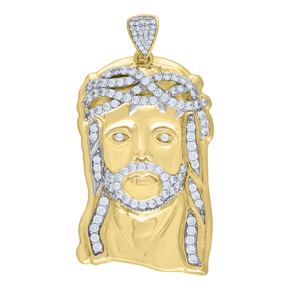 10kt Two-Tone Gold Mens Cubic Zirconia Jesus Religious Charm Pendant