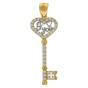 10kt Two-tone Gold Womens Cubic Zirconia Cubic-zirconia Heart Key Charm Pendant