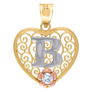 10kt Tri-color Gold Womens Filigree Heart Initial B Charm Pendant