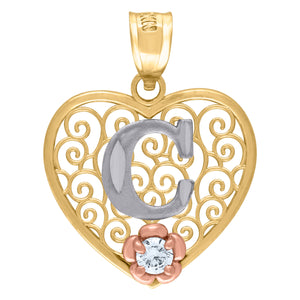 10kt Tri-color Gold Womens Filigree Heart Initial C Charm Pendant