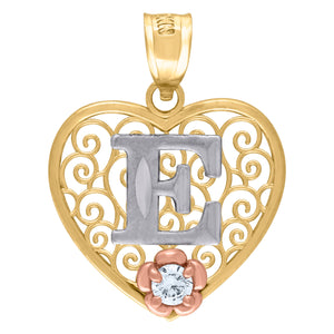 10kt Tri-color Gold Womens Filigree Heart Initial E Charm Pendant