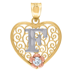 10kt Tri-color Gold Womens Filigree Heart Initial F Charm Pendant