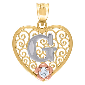 10kt Tri-color Gold Womens Filigree Heart Initial G Charm Pendant