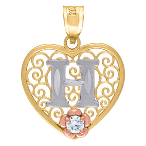 10kt Tri-color Gold Womens Filigree Heart Initial H Charm Pendant