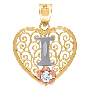 10kt Tri-color Gold Womens Filigree Heart Initial I Charm Pendant