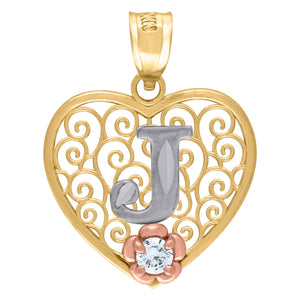 10kt Tri-color Gold Womens Filigree Heart Initial J Charm Pendant