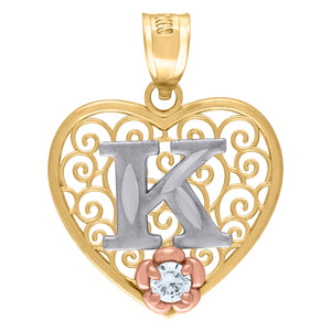10kt Tri-color Gold Womens Filigree Heart Initial K Charm Pendant