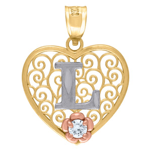 10kt Tri-color Gold Womens Filigree Heart Initial L Charm Pendant