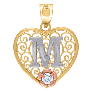 10kt Tri-color Gold Womens Filigree Heart Initial M Charm Pendant