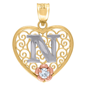 10kt Tri-color Gold Womens Filigree Heart Initial N Charm Pendant