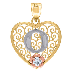 10kt Tri-color Gold Womens Filigree Heart Initial O Charm Pendant